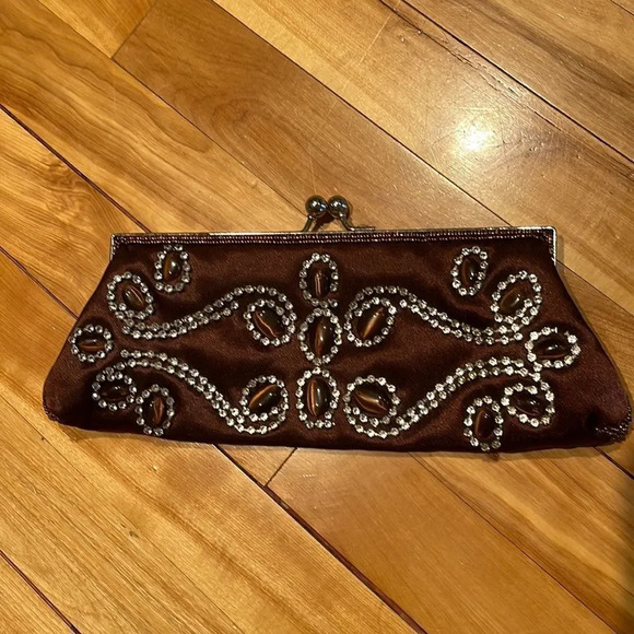 Satiny chocolate brown crystal and bead accent ball snap closure clutch. - Picture 1 of 5
